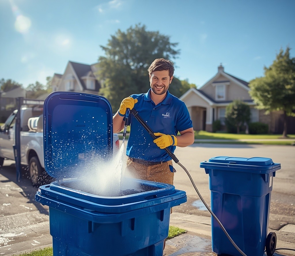 SparkBin worker pressure washing a blue wheelie bin at the curb