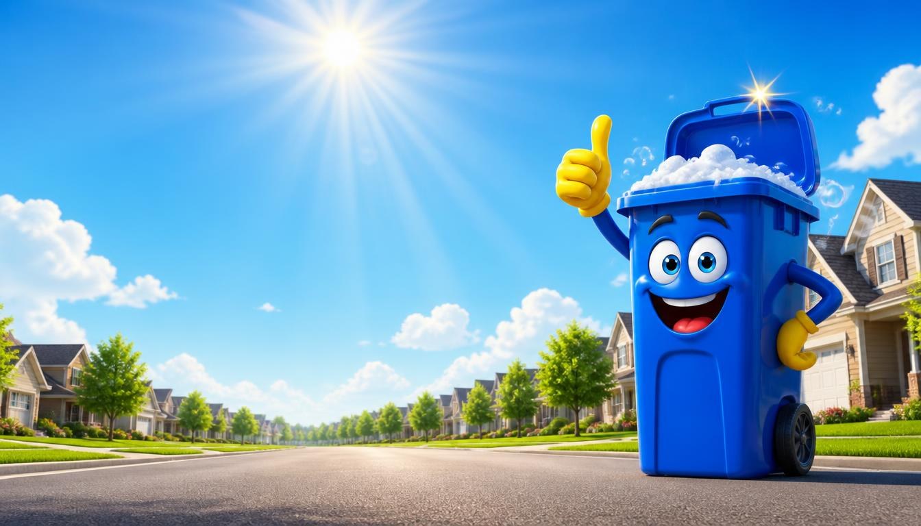 Sunny suburban street with a smiling blue trash bin mascot giving a thumbs up giving a thumbs up